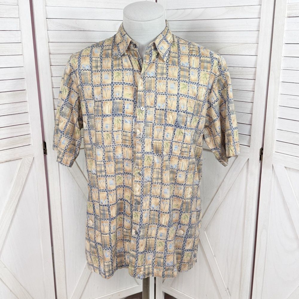 Tori Richard Tropical Golf Print Button Up Camp Hawaiian Shirt Tan‎ Medium